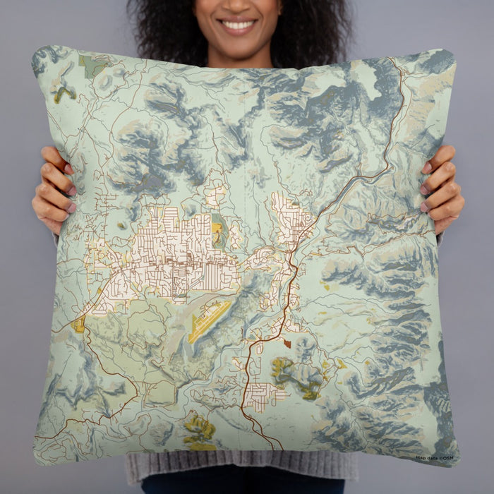 Person holding 22x22 Custom Sedona Arizona Map Throw Pillow in Woodblock
