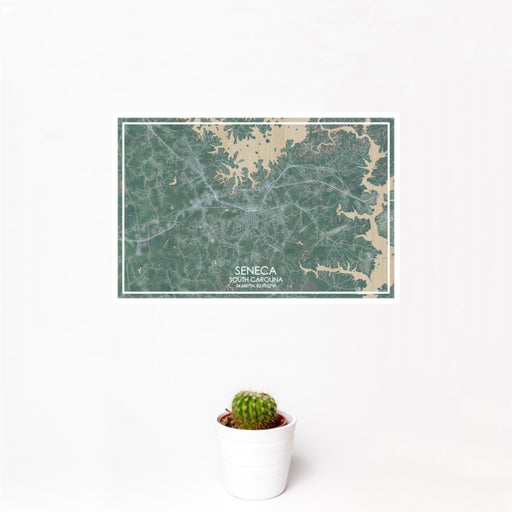 12x18 Seneca South Carolina Map Print Landscape Orientation in Afternoon Style With Small Cactus Plant in White Planter