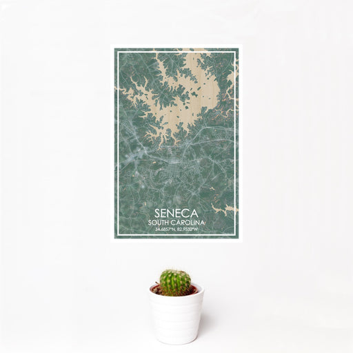 12x18 Seneca South Carolina Map Print Portrait Orientation in Afternoon Style With Small Cactus Plant in White Planter