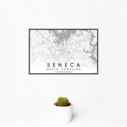 12x18 Seneca South Carolina Map Print Landscape Orientation in Classic Style With Small Cactus Plant in White Planter