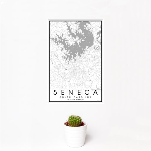 12x18 Seneca South Carolina Map Print Portrait Orientation in Classic Style With Small Cactus Plant in White Planter