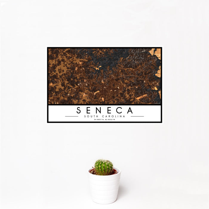12x18 Seneca South Carolina Map Print Landscape Orientation in Ember Style With Small Cactus Plant in White Planter