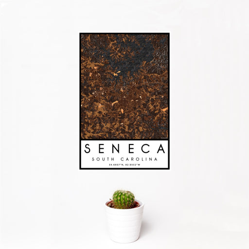 12x18 Seneca South Carolina Map Print Portrait Orientation in Ember Style With Small Cactus Plant in White Planter