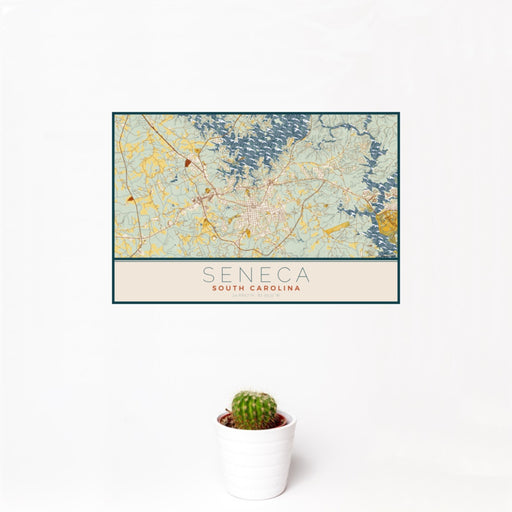 12x18 Seneca South Carolina Map Print Landscape Orientation in Woodblock Style With Small Cactus Plant in White Planter