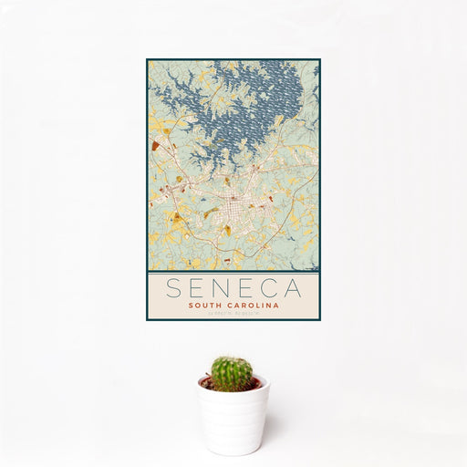 12x18 Seneca South Carolina Map Print Portrait Orientation in Woodblock Style With Small Cactus Plant in White Planter