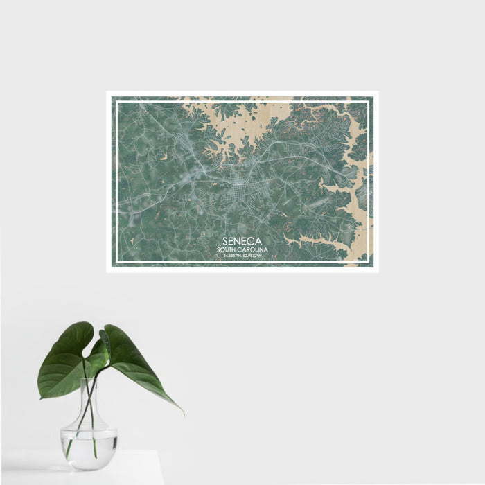 16x24 Seneca South Carolina Map Print Landscape Orientation in Afternoon Style With Tropical Plant Leaves in Water