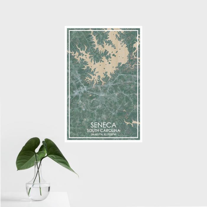 16x24 Seneca South Carolina Map Print Portrait Orientation in Afternoon Style With Tropical Plant Leaves in Water