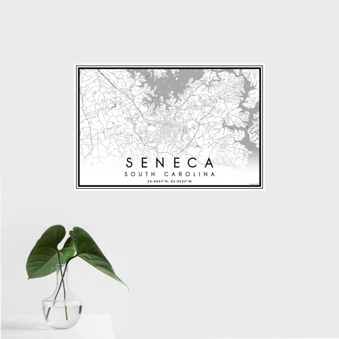 16x24 Seneca South Carolina Map Print Landscape Orientation in Classic Style With Tropical Plant Leaves in Water
