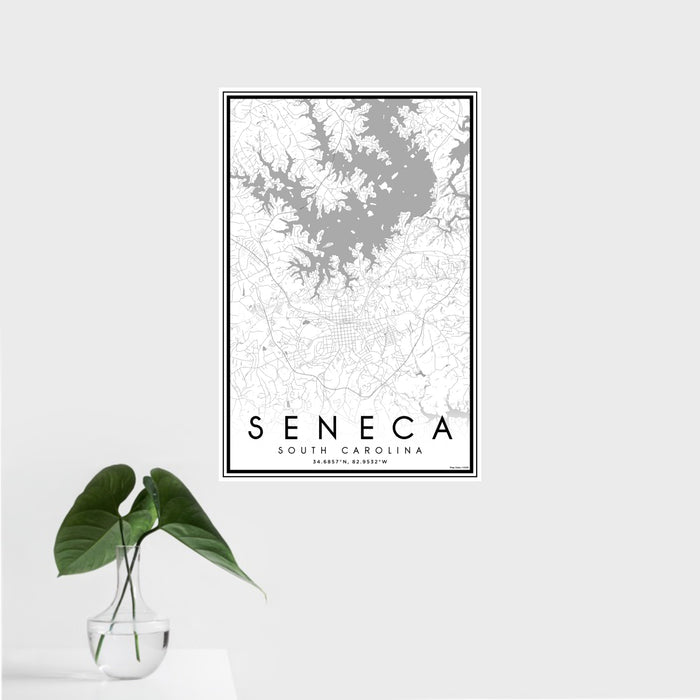 16x24 Seneca South Carolina Map Print Portrait Orientation in Classic Style With Tropical Plant Leaves in Water