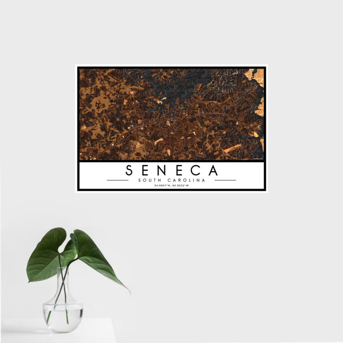 16x24 Seneca South Carolina Map Print Landscape Orientation in Ember Style With Tropical Plant Leaves in Water