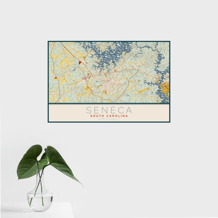 16x24 Seneca South Carolina Map Print Landscape Orientation in Woodblock Style With Tropical Plant Leaves in Water