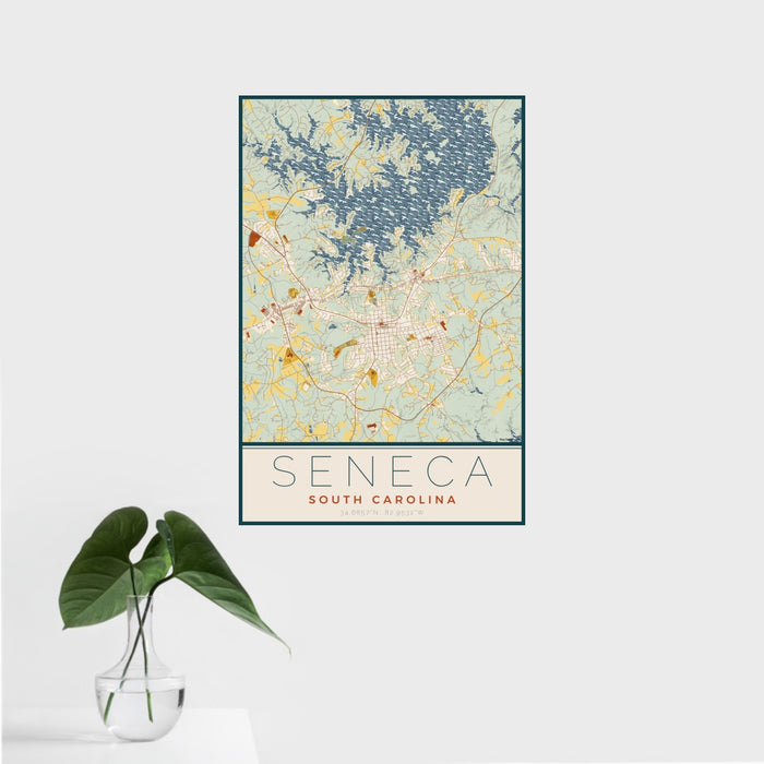 16x24 Seneca South Carolina Map Print Portrait Orientation in Woodblock Style With Tropical Plant Leaves in Water