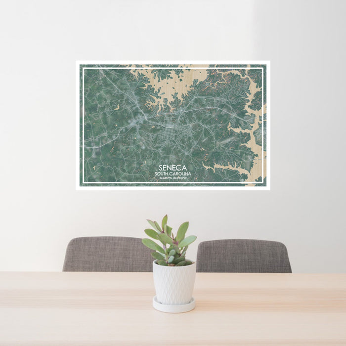 24x36 Seneca South Carolina Map Print Lanscape Orientation in Afternoon Style Behind 2 Chairs Table and Potted Plant