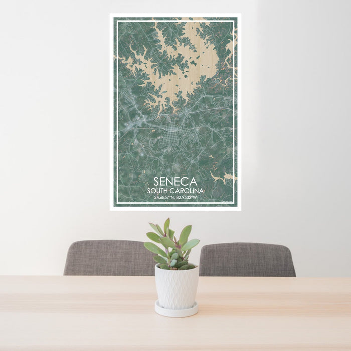 24x36 Seneca South Carolina Map Print Portrait Orientation in Afternoon Style Behind 2 Chairs Table and Potted Plant