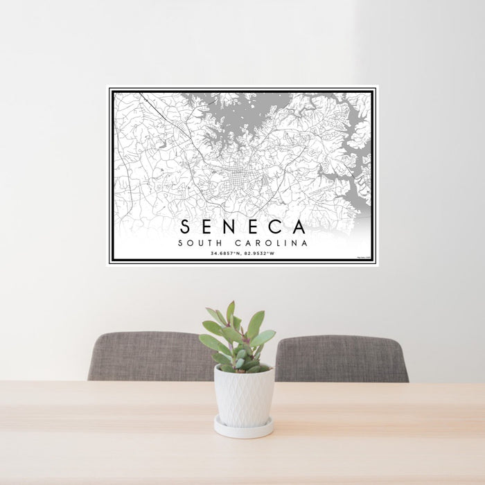24x36 Seneca South Carolina Map Print Lanscape Orientation in Classic Style Behind 2 Chairs Table and Potted Plant