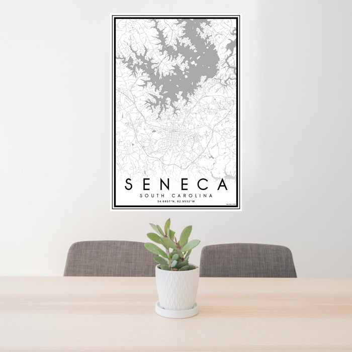 24x36 Seneca South Carolina Map Print Portrait Orientation in Classic Style Behind 2 Chairs Table and Potted Plant