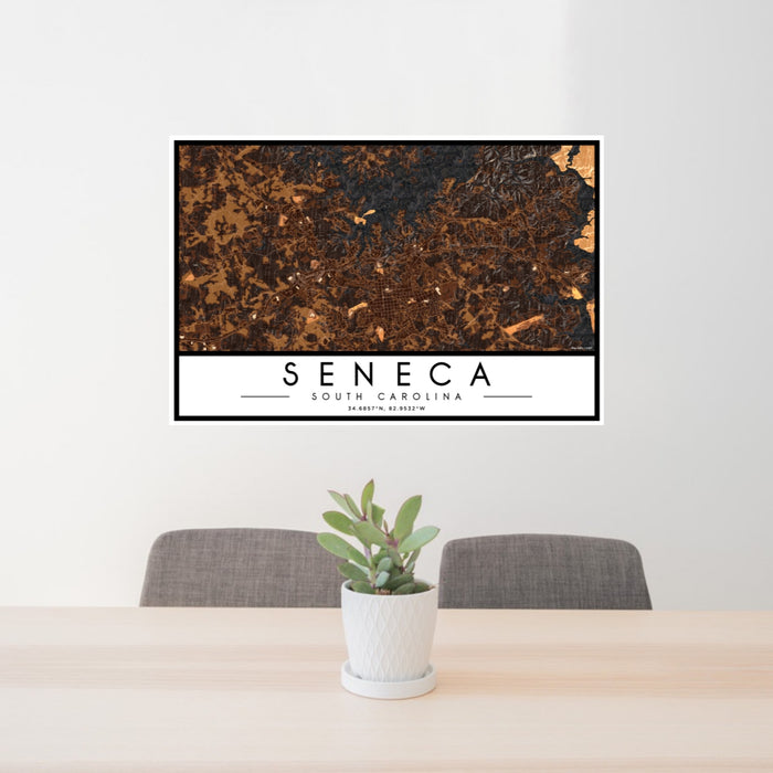 24x36 Seneca South Carolina Map Print Lanscape Orientation in Ember Style Behind 2 Chairs Table and Potted Plant