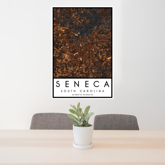 24x36 Seneca South Carolina Map Print Portrait Orientation in Ember Style Behind 2 Chairs Table and Potted Plant