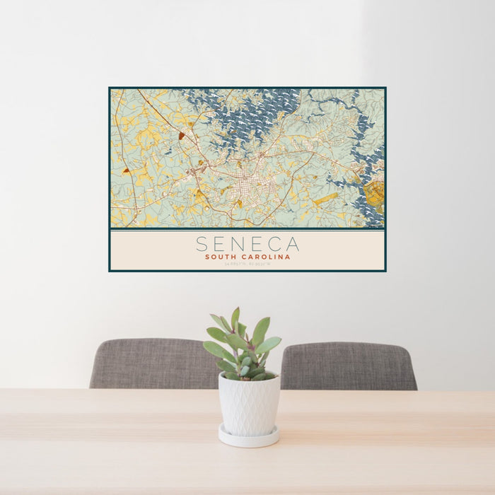 24x36 Seneca South Carolina Map Print Lanscape Orientation in Woodblock Style Behind 2 Chairs Table and Potted Plant
