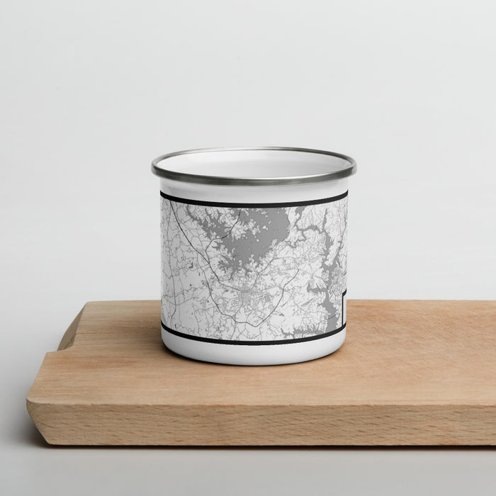 Front View Custom Seneca South Carolina Map Enamel Mug in Classic on Cutting Board