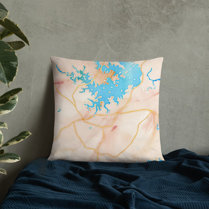 Custom Seneca South Carolina Map Throw Pillow in Watercolor on Bedding Against Wall