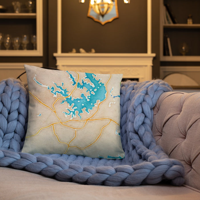 Custom Seneca South Carolina Map Throw Pillow in Watercolor on Cream Colored Couch