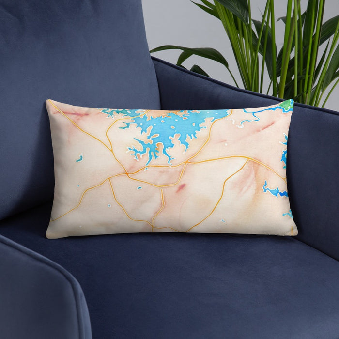 Custom Seneca South Carolina Map Throw Pillow in Watercolor on Blue Colored Chair