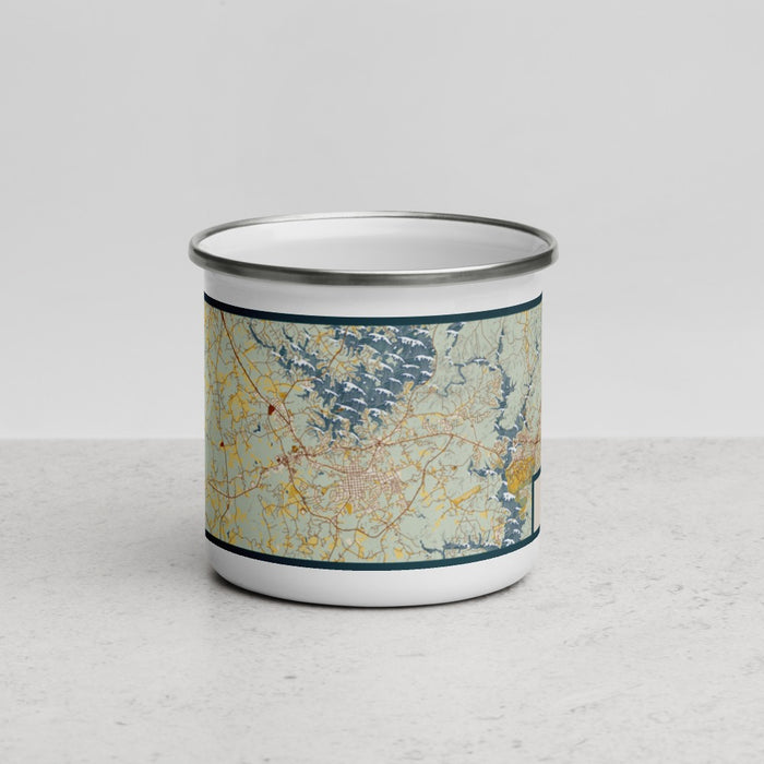Front View Custom Seneca South Carolina Map Enamel Mug in Woodblock