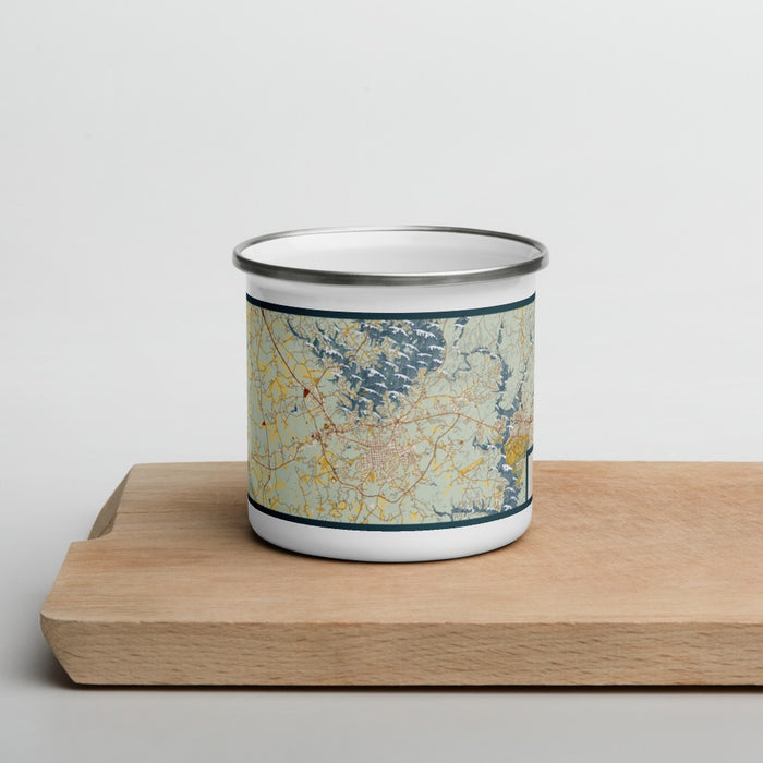 Front View Custom Seneca South Carolina Map Enamel Mug in Woodblock on Cutting Board