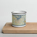 Front View Custom Seneca South Carolina Map Enamel Mug in Woodblock on Cutting Board