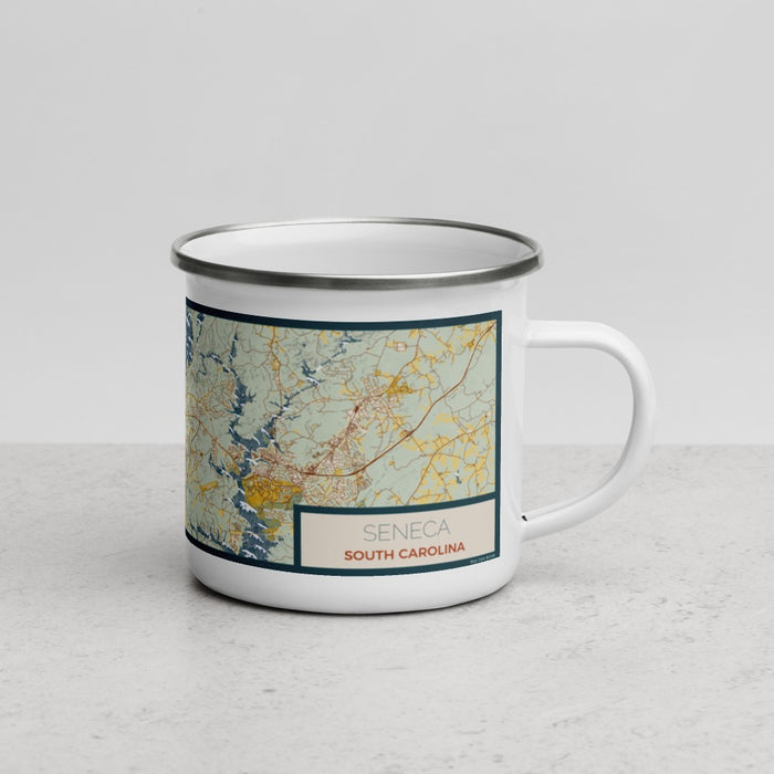 Right View Custom Seneca South Carolina Map Enamel Mug in Woodblock
