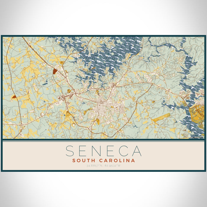 Seneca South Carolina Map Print Landscape Orientation in Woodblock Style With Shaded Background