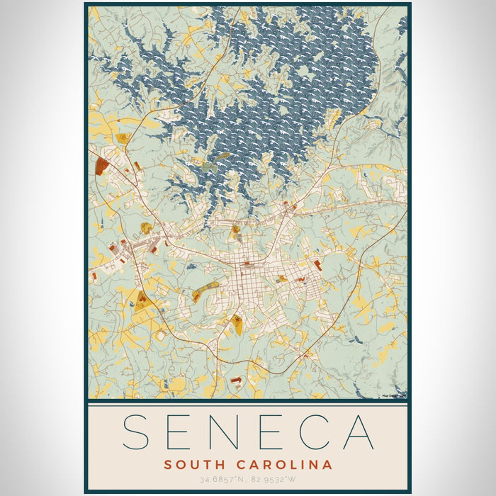 Seneca South Carolina Map Print Portrait Orientation in Woodblock Style With Shaded Background