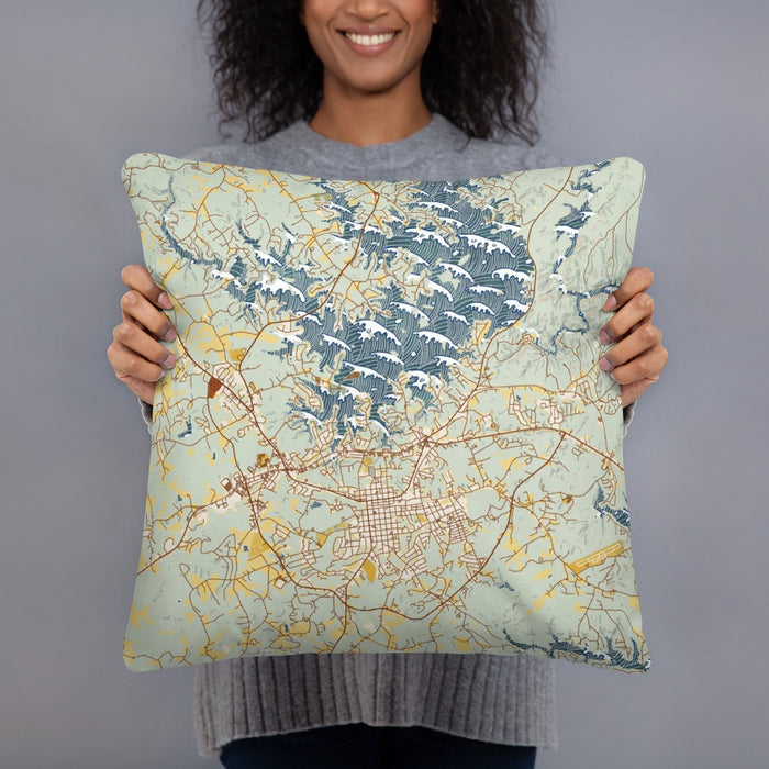 Person holding 18x18 Custom Seneca South Carolina Map Throw Pillow in Woodblock