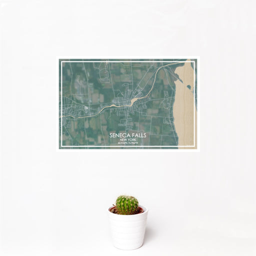12x18 Seneca Falls New York Map Print Landscape Orientation in Afternoon Style With Small Cactus Plant in White Planter