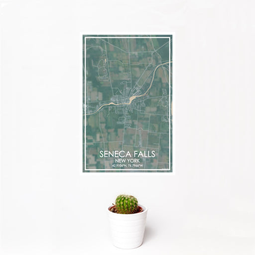 12x18 Seneca Falls New York Map Print Portrait Orientation in Afternoon Style With Small Cactus Plant in White Planter