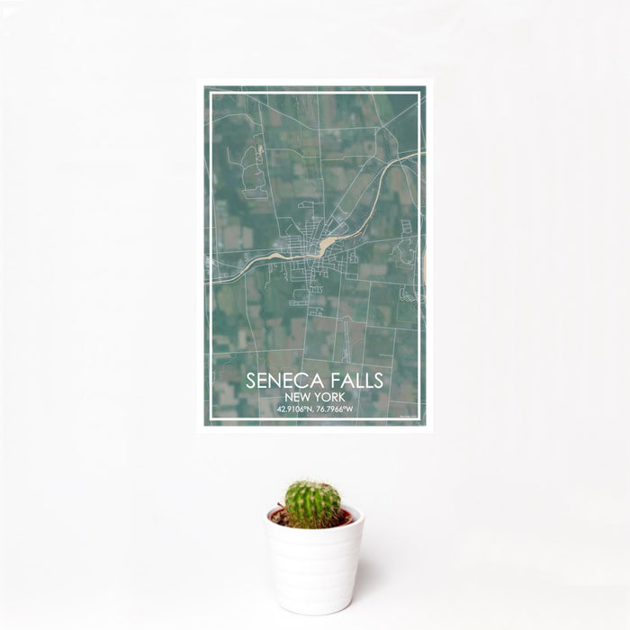 12x18 Seneca Falls New York Map Print Portrait Orientation in Afternoon Style With Small Cactus Plant in White Planter