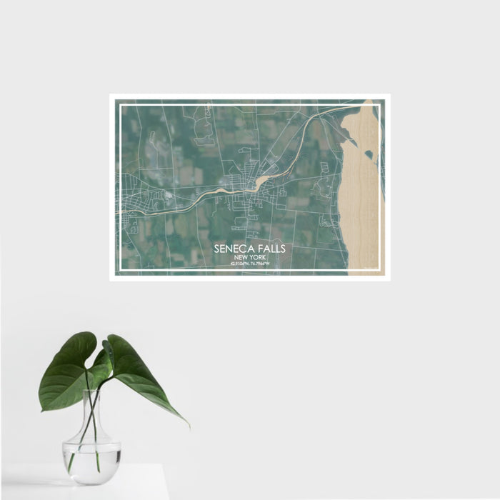 16x24 Seneca Falls New York Map Print Landscape Orientation in Afternoon Style With Tropical Plant Leaves in Water