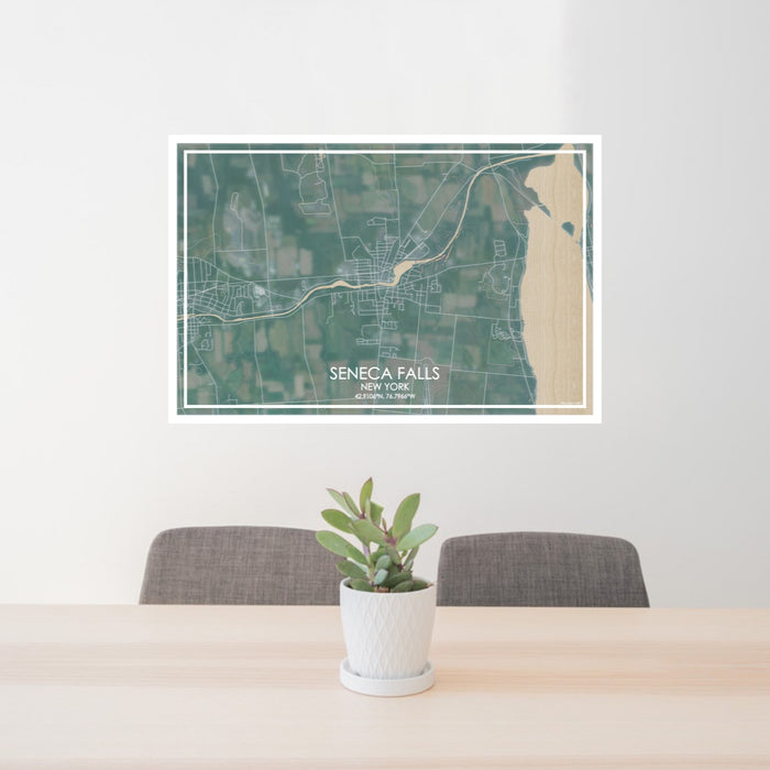 24x36 Seneca Falls New York Map Print Lanscape Orientation in Afternoon Style Behind 2 Chairs Table and Potted Plant