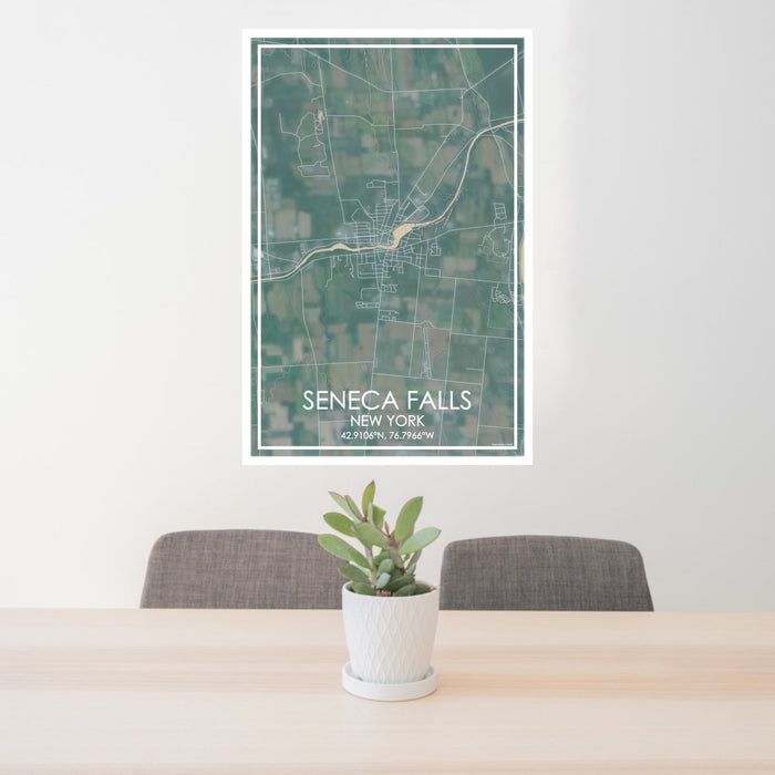 24x36 Seneca Falls New York Map Print Portrait Orientation in Afternoon Style Behind 2 Chairs Table and Potted Plant