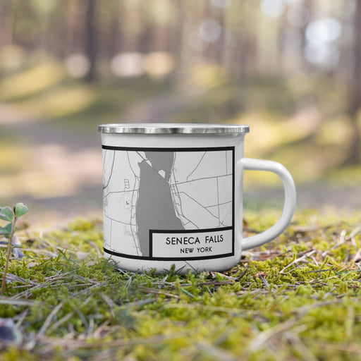 Right View Custom Seneca Falls New York Map Enamel Mug in Classic on Grass With Trees in Background