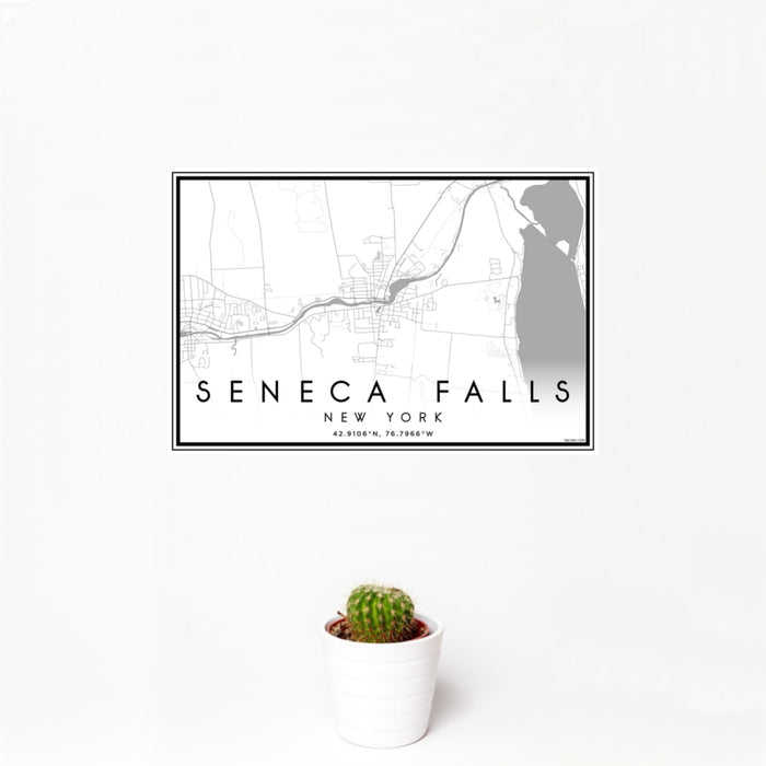 12x18 Seneca Falls New York Map Print Landscape Orientation in Classic Style With Small Cactus Plant in White Planter