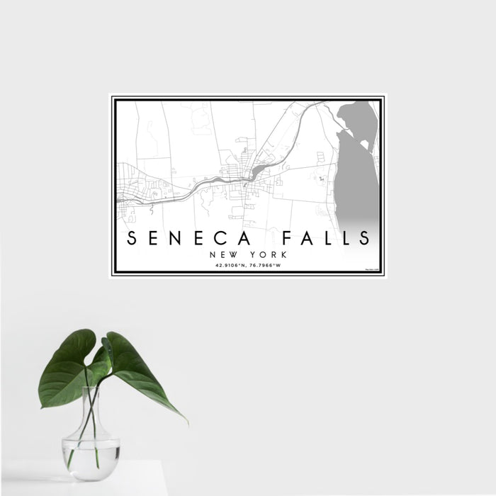 16x24 Seneca Falls New York Map Print Landscape Orientation in Classic Style With Tropical Plant Leaves in Water