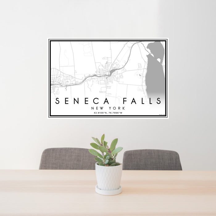 24x36 Seneca Falls New York Map Print Landscape Orientation in Classic Style Behind 2 Chairs Table and Potted Plant