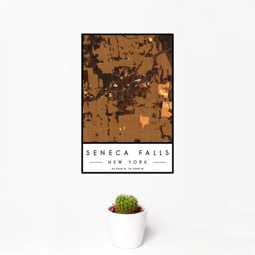 12x18 Seneca Falls New York Map Print Portrait Orientation in Ember Style With Small Cactus Plant in White Planter