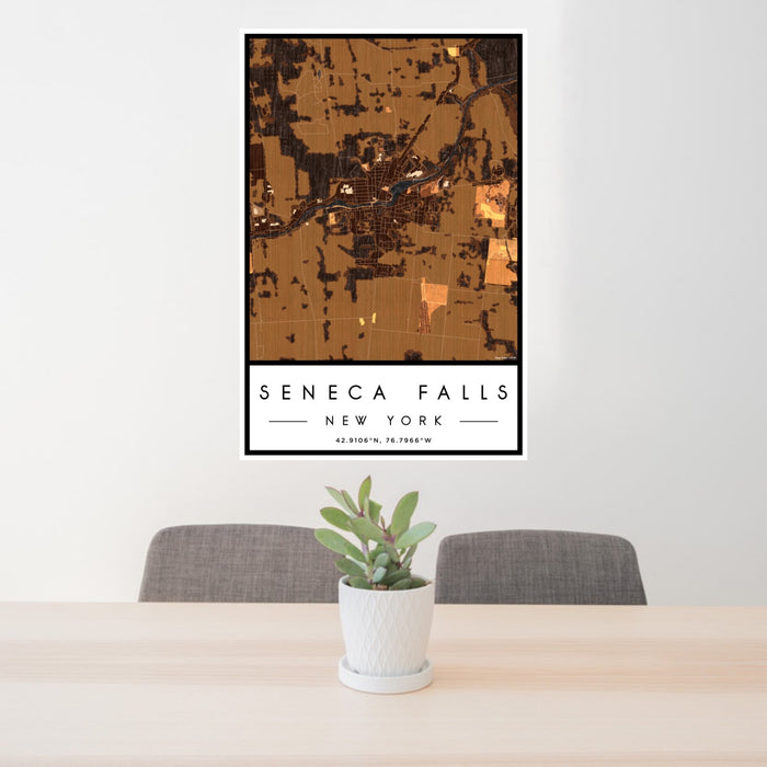 24x36 Seneca Falls New York Map Print Portrait Orientation in Ember Style Behind 2 Chairs Table and Potted Plant
