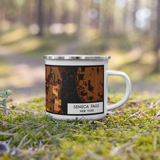 Right View Custom Seneca Falls New York Map Enamel Mug in Ember on Grass With Trees in Background