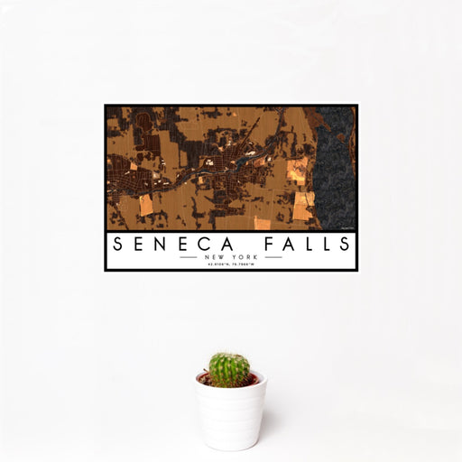 12x18 Seneca Falls New York Map Print Landscape Orientation in Ember Style With Small Cactus Plant in White Planter