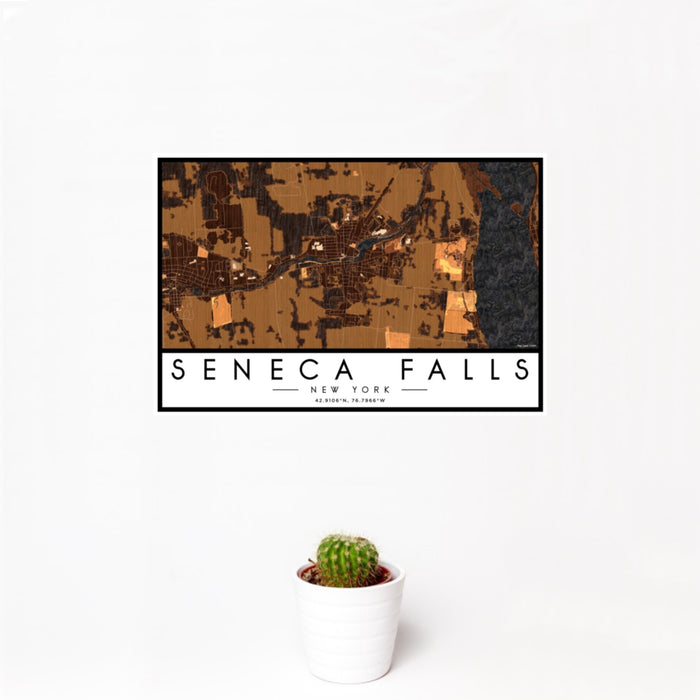12x18 Seneca Falls New York Map Print Landscape Orientation in Ember Style With Small Cactus Plant in White Planter