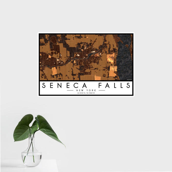 16x24 Seneca Falls New York Map Print Landscape Orientation in Ember Style With Tropical Plant Leaves in Water